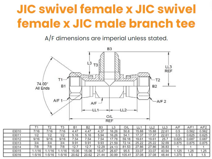 7/16 JIC F/F/M Tee Hydraulic Adaptor